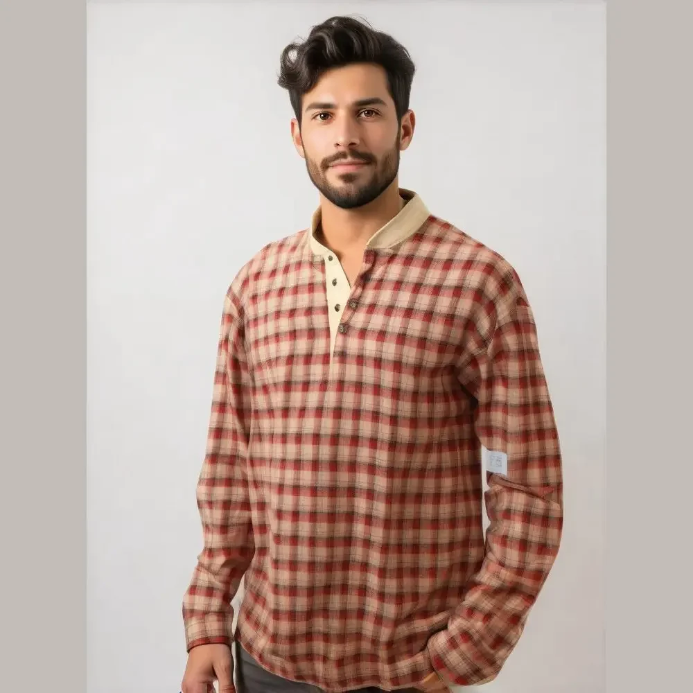 LL Bean Shirt Henley Plaid Pullover Long Sleeve USA Made Gorp Core Vintage LT